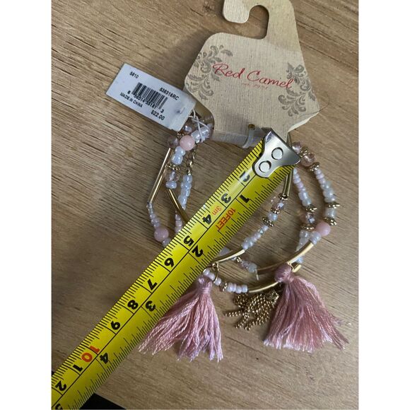 Red Camel NWT Pink Gold Pearl Stretchy Boho Tassel Bracelets - Picture 3 of 4